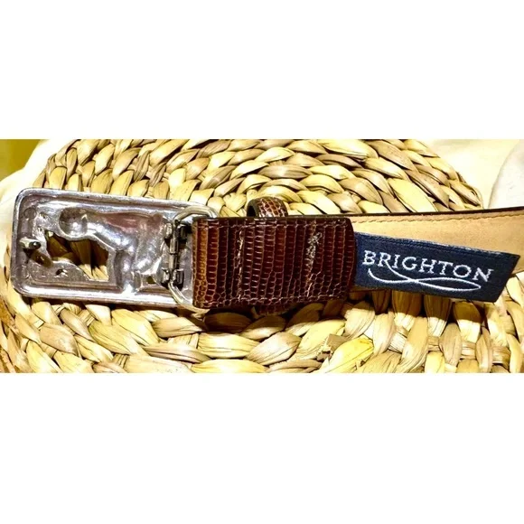 🐈⬛BRIGHTON🐈⬛ LEATHER SNAKE EMBOSSED TEXTURE CATS & FLOWERPOT BUCKLE VTG BELT🐈 - Picture 7 of 13